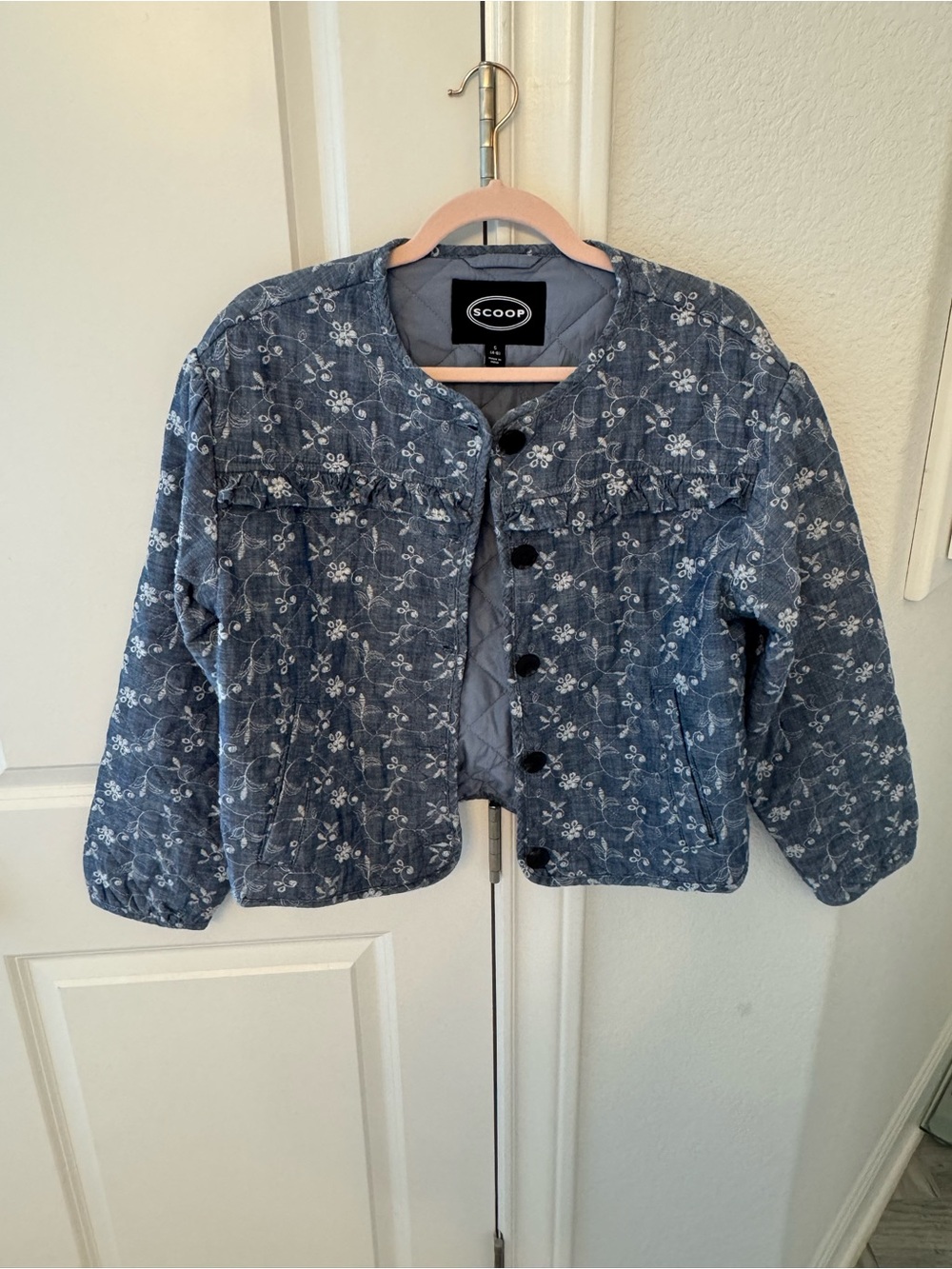 Women’s Denim Quilted Floral Puffer Jacket - Denim Blue